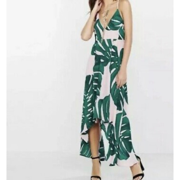 Express Dresses & Skirts - Express Pink & Green Tropical Monstera Maxi Dress
